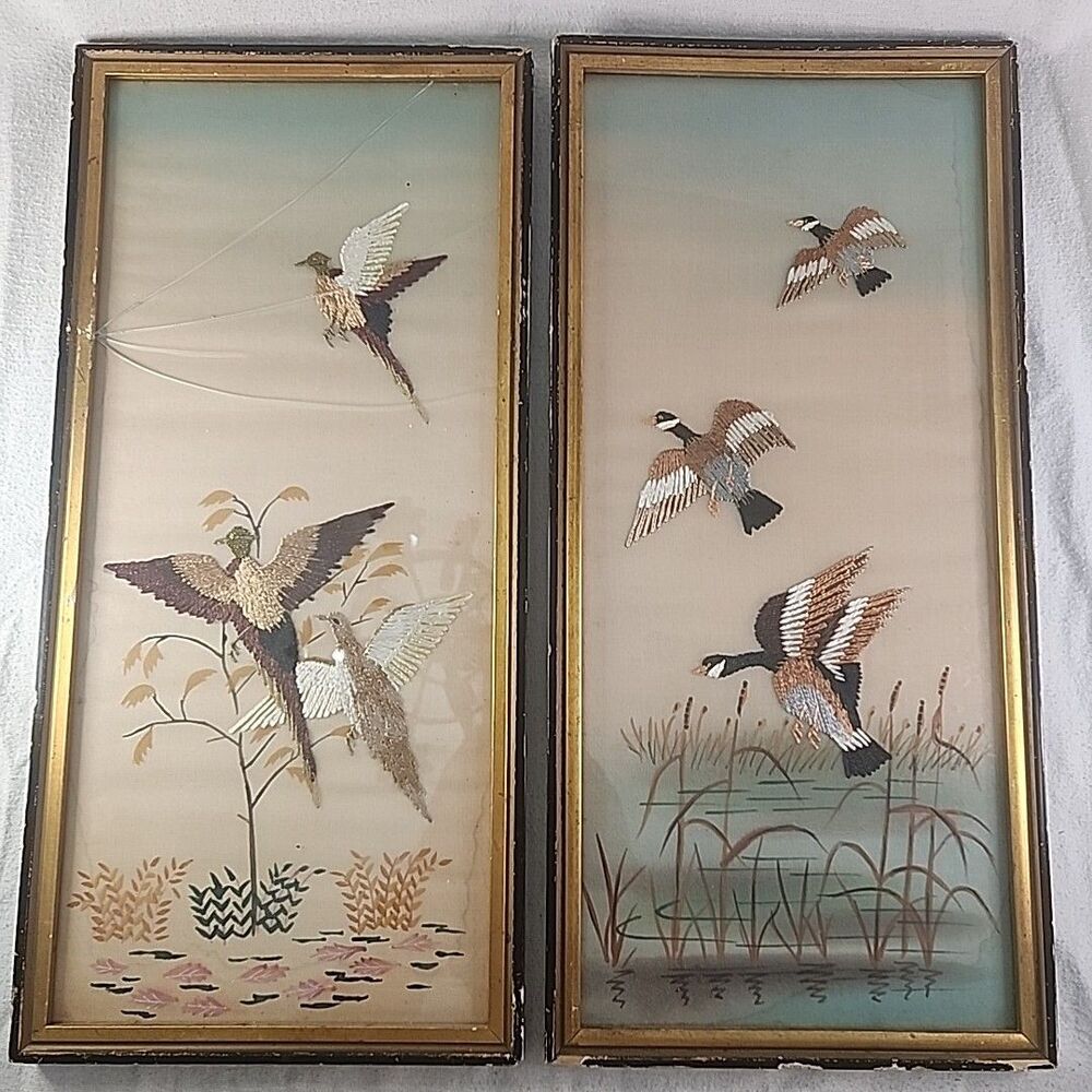 Art 2 ENESCO Exclusive Japanese Silk Hand Embroidered Ducks #16533 19"X9" VTG